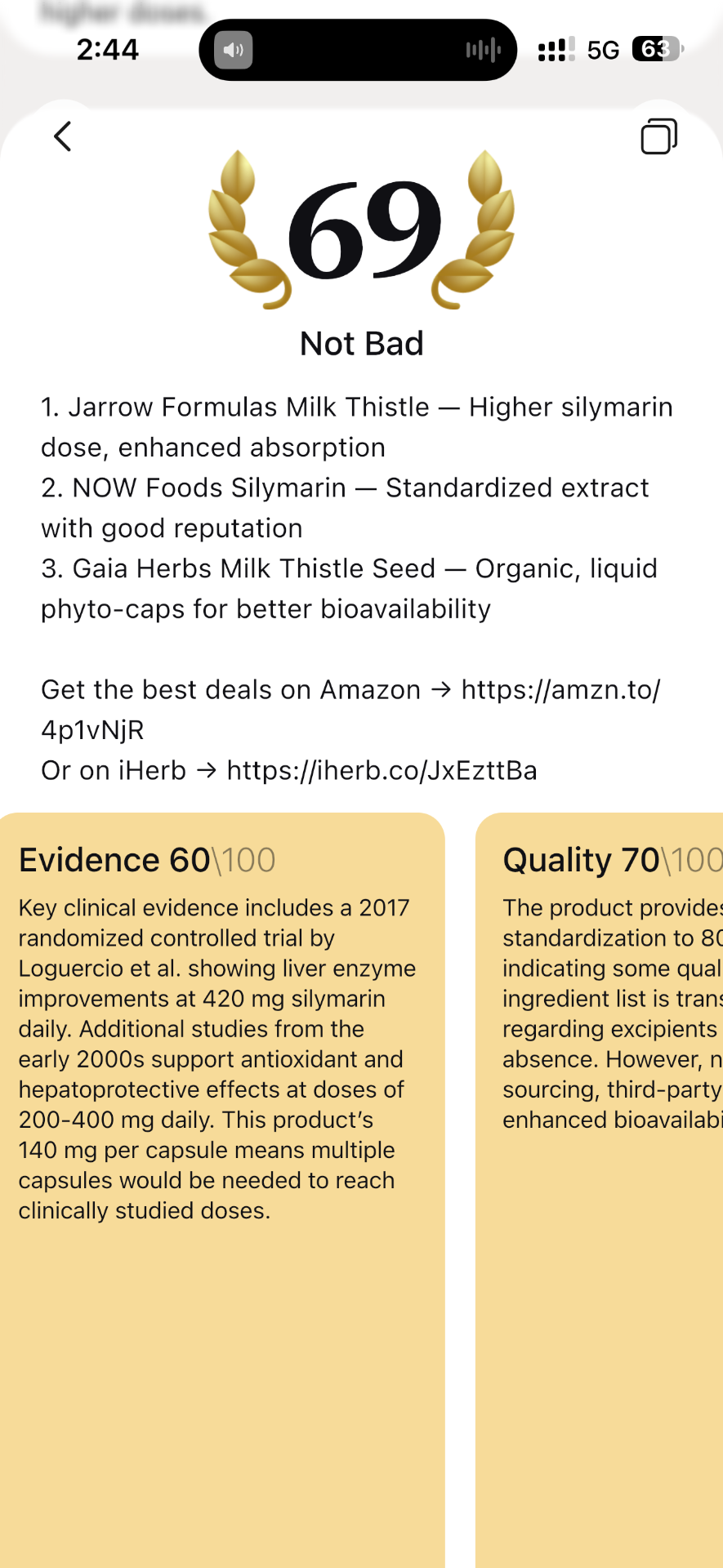 NutriSee app screen: Evidence & Effectiveness
