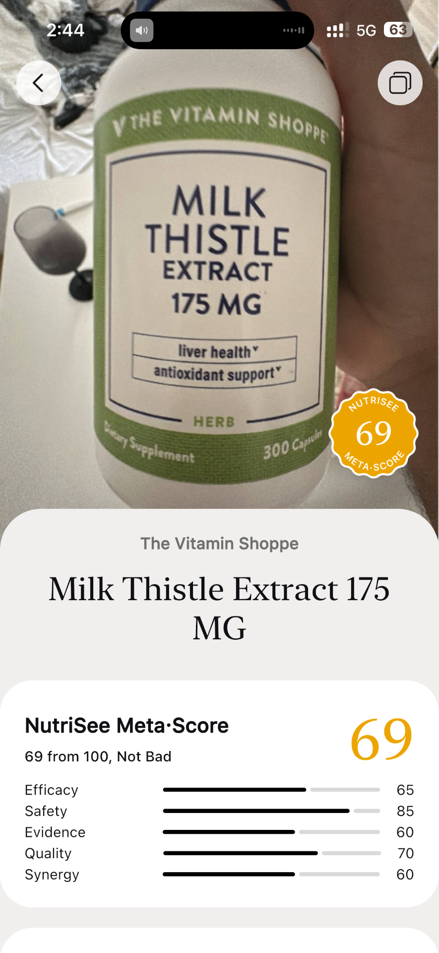 NutriSee app showing a Meta-Score of 69 for a milk thistle supplement